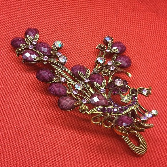 VTG Peacock Hair Clip Claw Purple Acrylic Stones Rhinestones Repaired main image 7